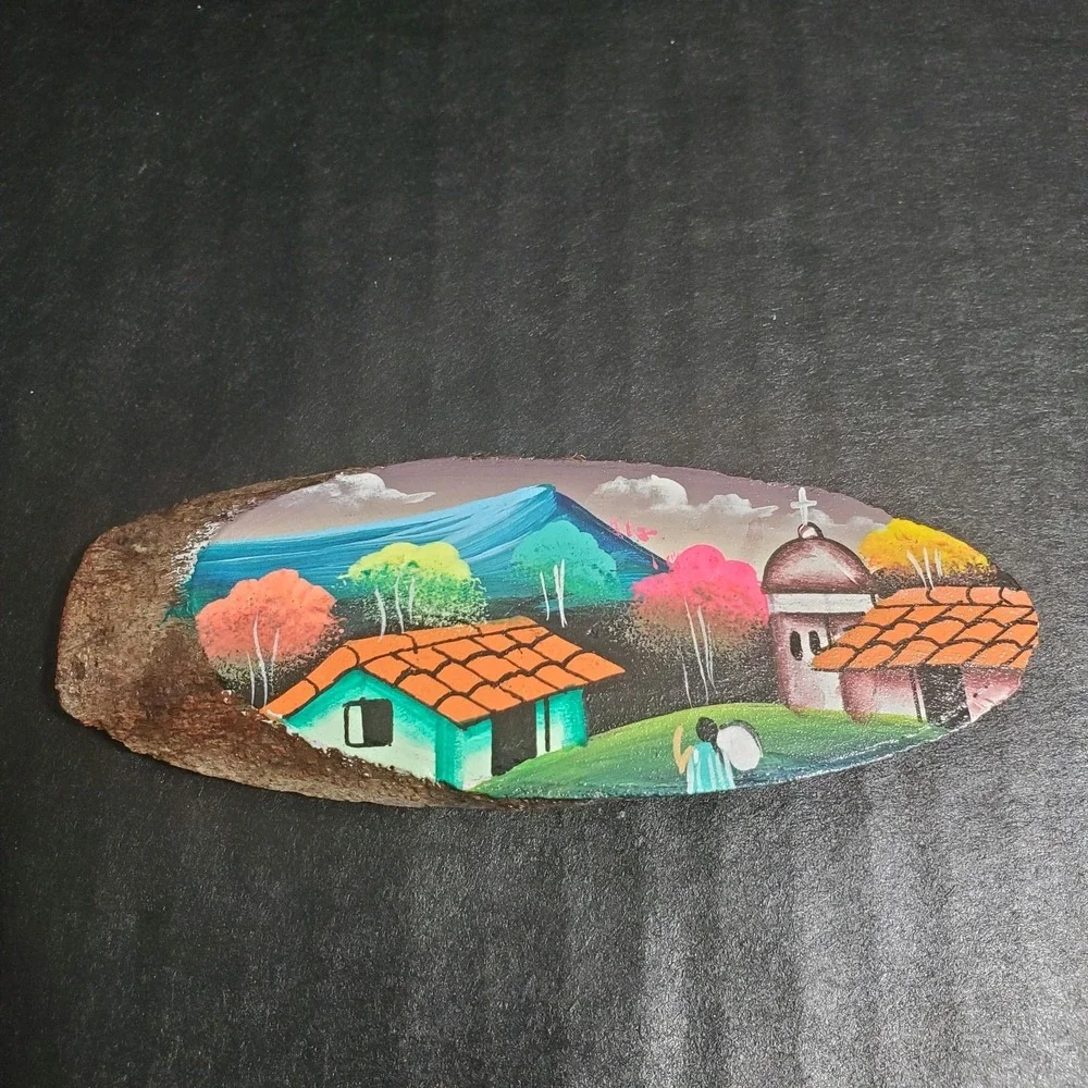Handpainted Oval Natural Wood Refrigerator Magnet Miniature Village Painting‎